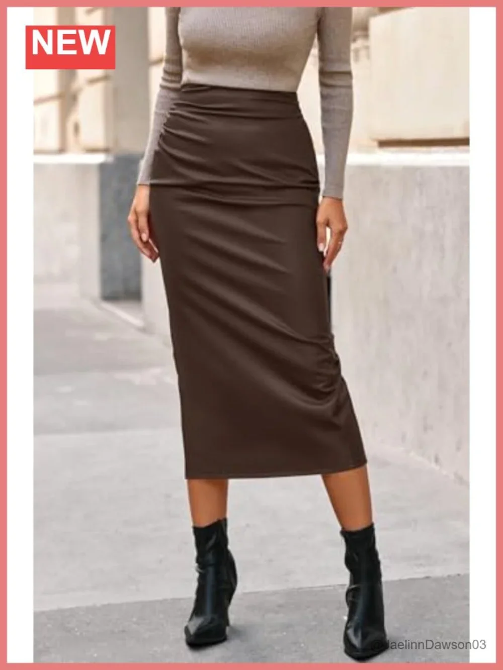 Women's Faux Leather Midi Pencil Skirt High Waisted Back Slit